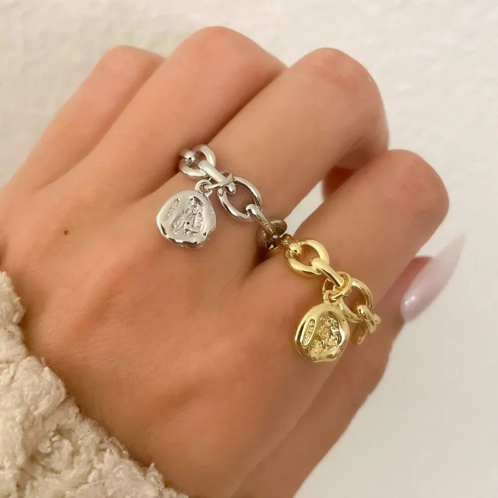 925 Sterling Silver Curb Chain Ring Chunky Dangle Charm Ring Dainty Boho Ring